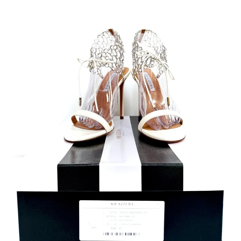 Aquazzura White Crystal Web Leather Ankle-Tie Leather Stiletto Sandal US…